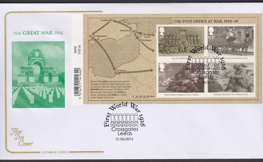 2016 - The Great War 1916, Minisheet COTSWOLD First Day Cover, Centenary of World War I, CROSSGATES LEEDS Postmark